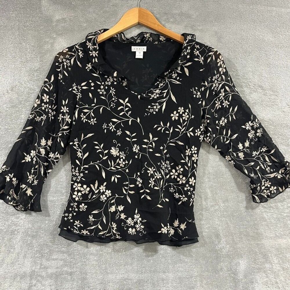 Vintage 90s Lapis 100% Silk Floral Blouse Ruffle 3/4 Sleeve Black Top Sz M